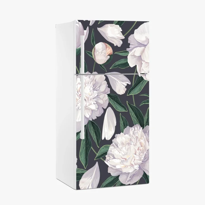 Naklejka na lodówkę wzór białych piwonii na grafitowym tle