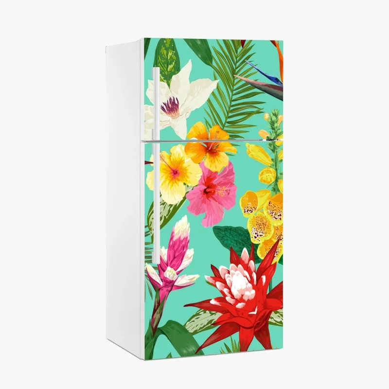 Naklejka na lodówkę tropikalne kwiaty na turkusowym tle