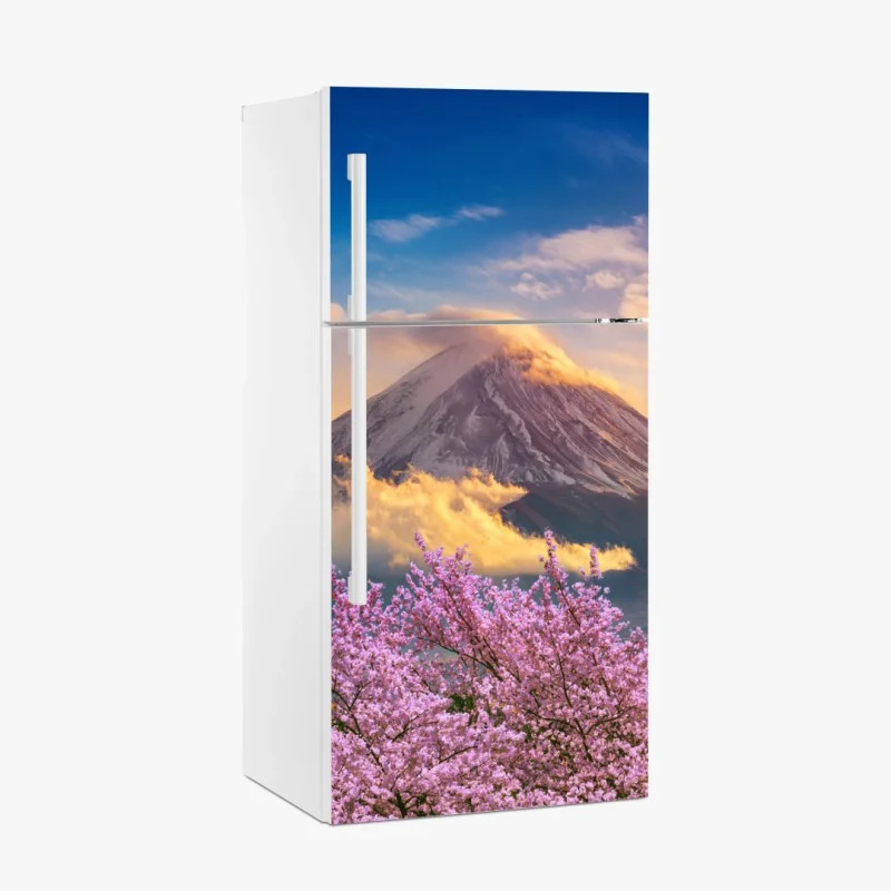 Naklejka na lodówkę Góra Fuji z kwitnącą sakurą o wschodzie słońca