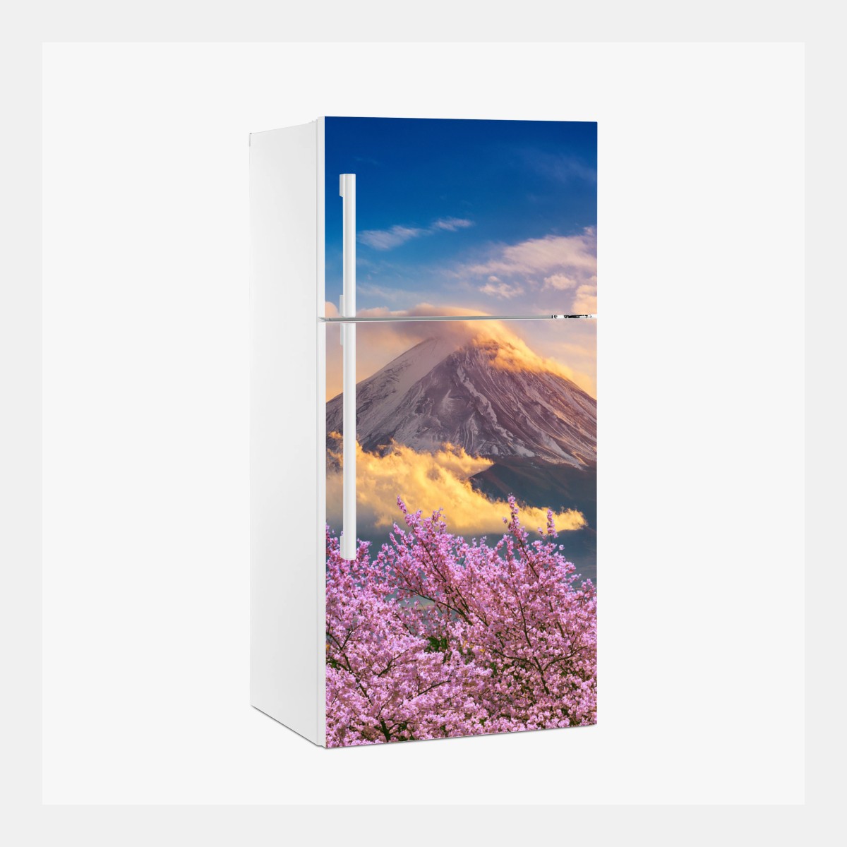 Naklejka na lodówkę Góra Fuji z kwitnącą sakurą o wschodzie słońca – Wallissimo®