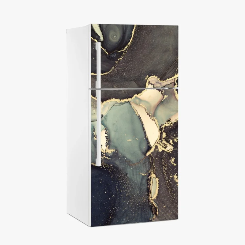 Naklejka na lodówkę turkusowo-złota abstrakcja w technice alcohol ink