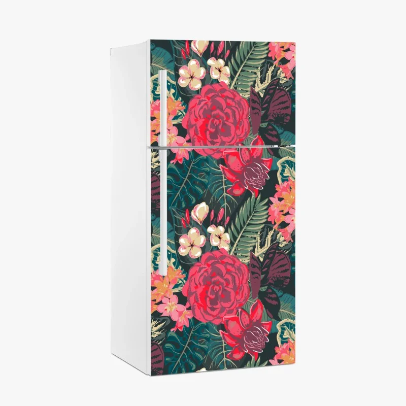 Naklejka na lodówkę tropikalny wzór kwiatowy w różu i turkusie