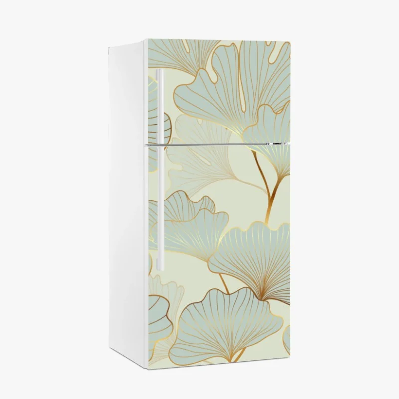 Naklejka na lodówkę pastelowy wzór liści miłorzębu ze złotymi akcentami