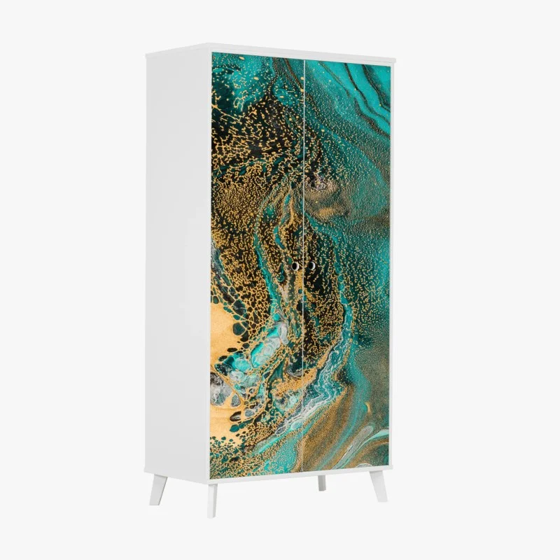 Naklejka na szafę turkusowy i złoty płynny wir abstrakcji