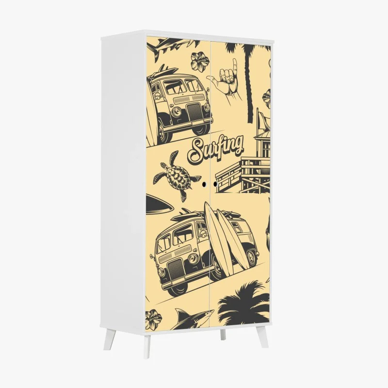 Naklejka na szafę retro wzór surfingowy z furgonetką i falami