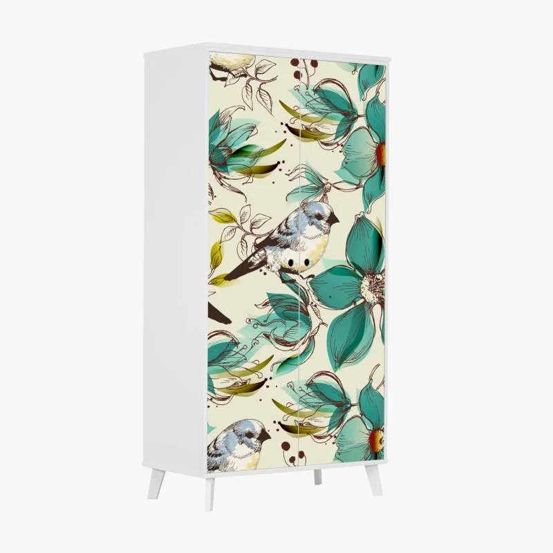 Naklejka na szafę retro miętowy wzór kwiatów i ptaków
