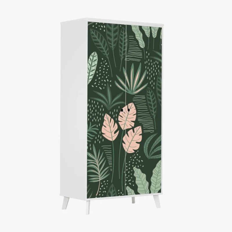 Naklejka na szafę tropikalny wzór liści w stonowanej zieleni i różu