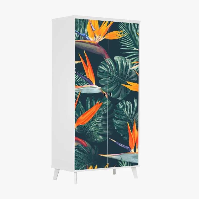 Naklejka na szafę egzotyczny motyw rajskich ptaków i liści monstery