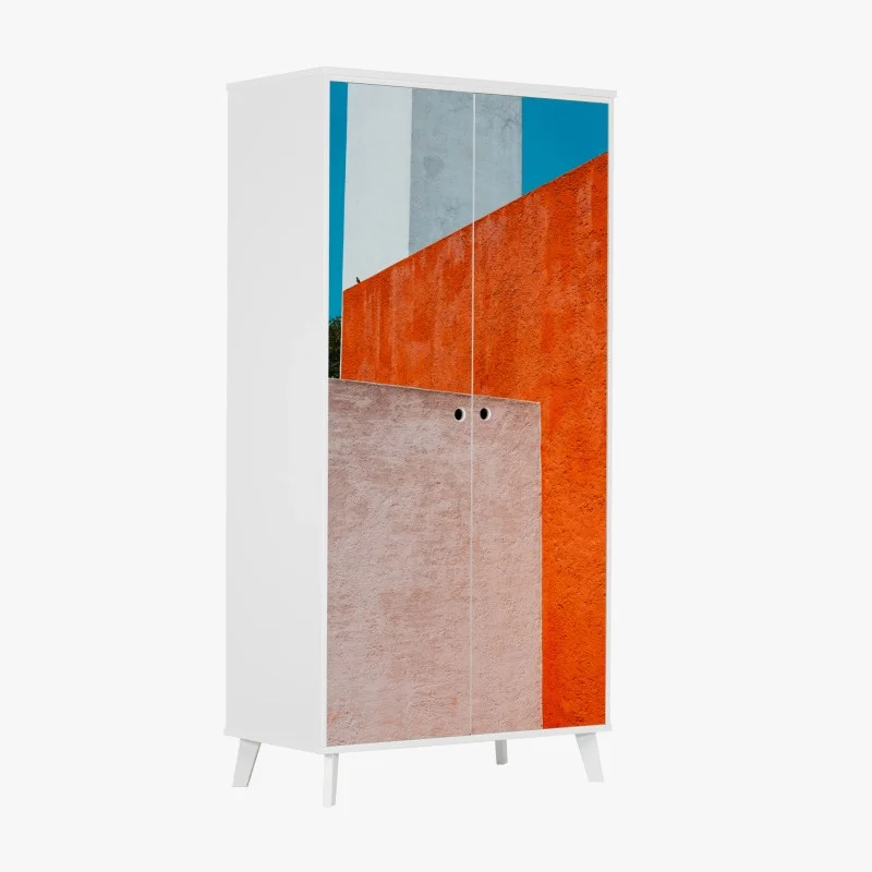 Naklejka na szafę odważna geometryczna elewacja w pomarańczy i turkusie
