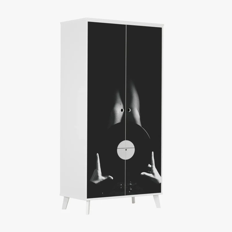 Naklejka na szafę płyta winylowa i nogi w kabaretkach