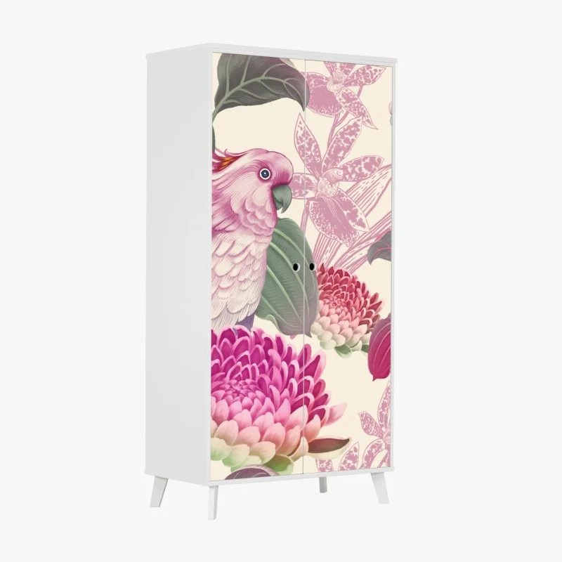 Naklejka na szafę różowa papuga i chryzantema - botaniczny motyw