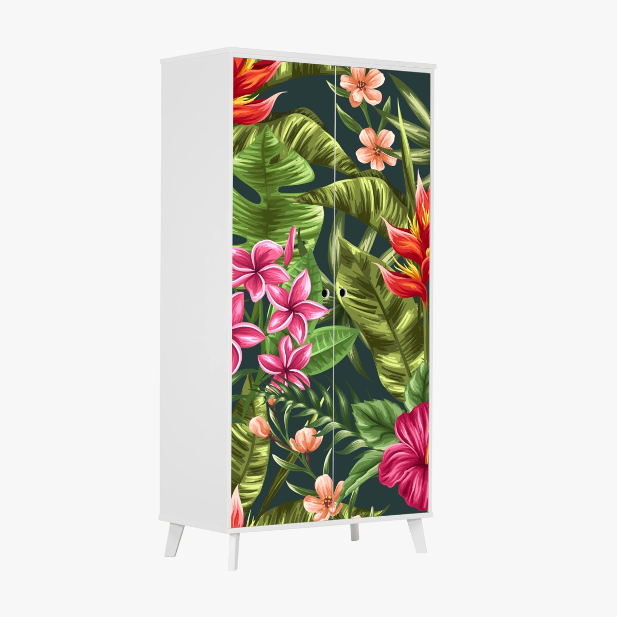 Naklejka na szafę tropikalny wzór hibiskusa i plumerii – Wallissimo®