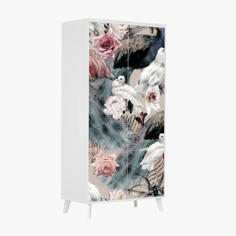 Naklejka na szafę akwarelowy wzór z ptakami i różami