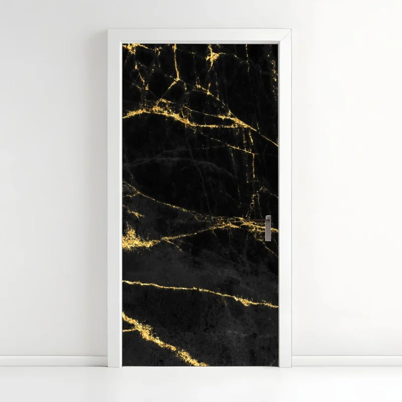 Naklejka na drzwi czarny marmur ze złotymi żyłami