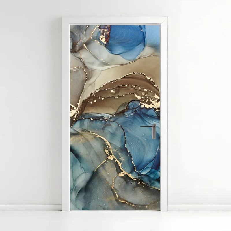 Naklejka na drzwi abstrakcja w odcieniach niebieskiego i złota