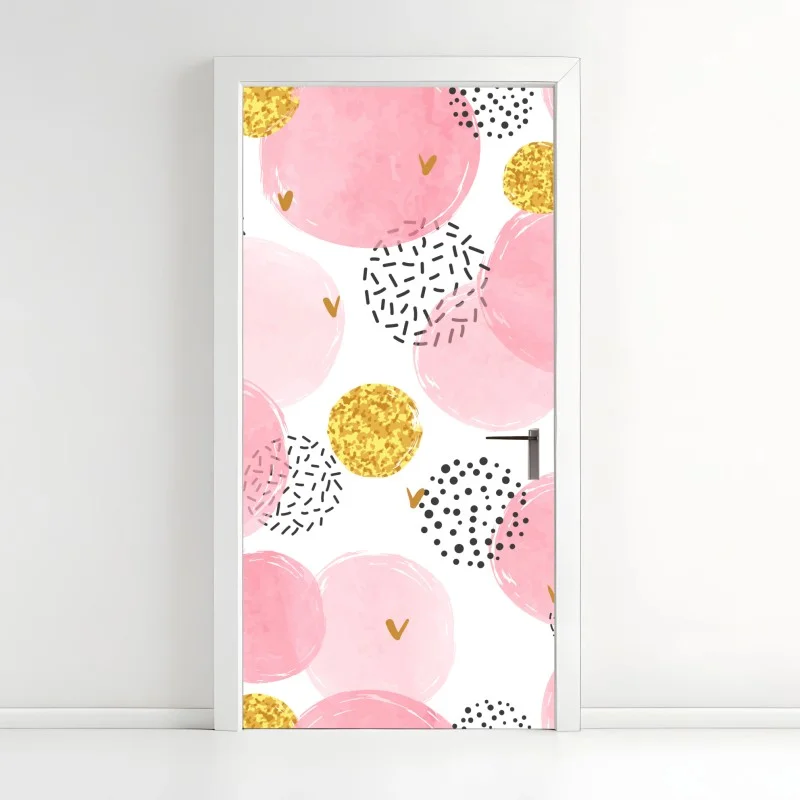 Naklejka na drzwi różowy akwarelowy wzór z okręgami i złotymi akcentami