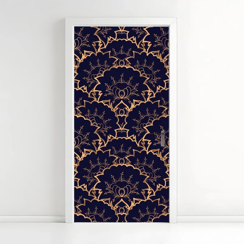 Naklejka na drzwi luksusowy złoty wzór kwiatowy na granacie
