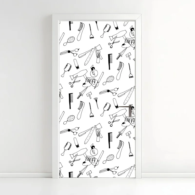 Naklejka na drzwi ręcznie rysowany wzór narzędzi fryzjerskich