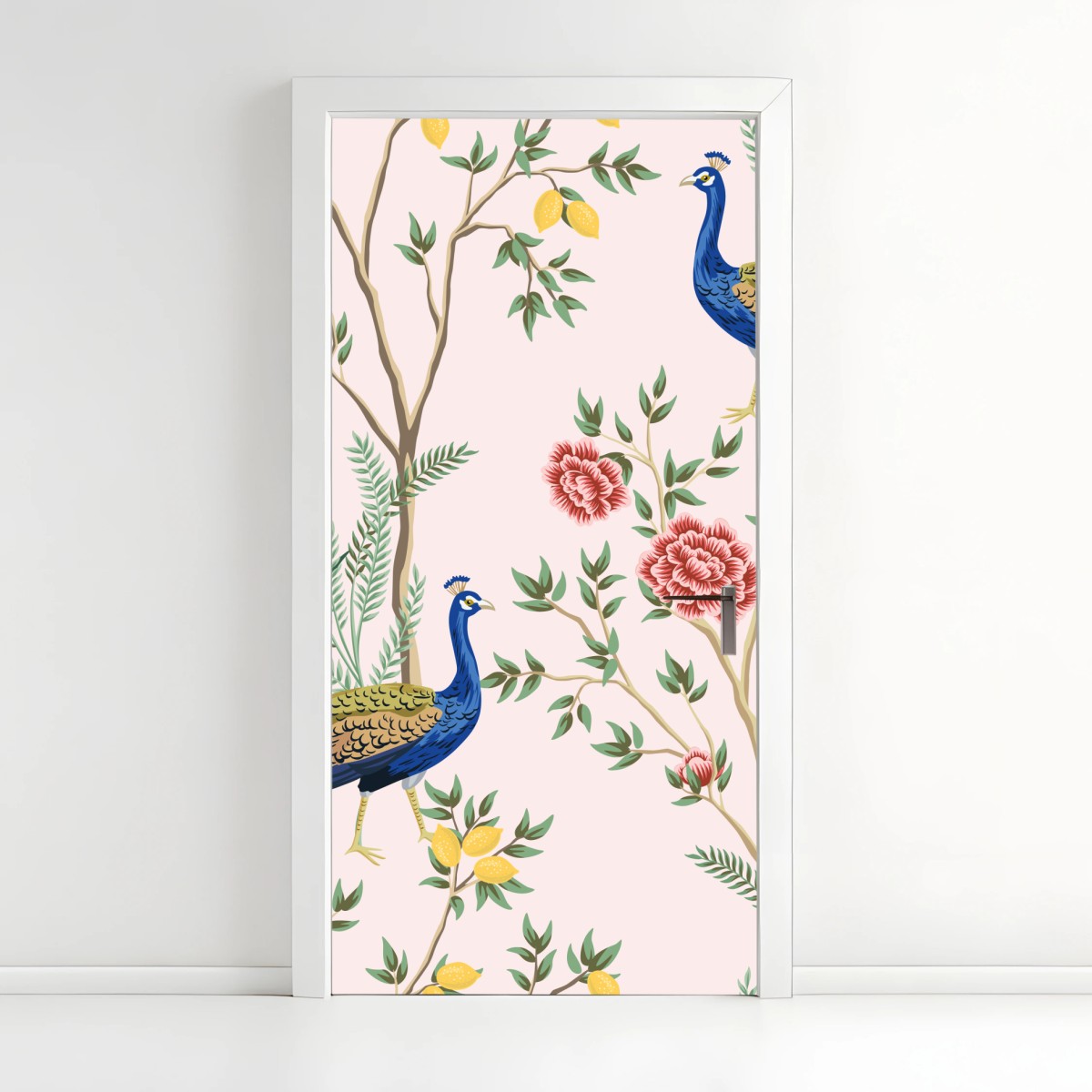 Naklejka na drzwi elegancki wzór z pawiem i kwiatami na różowym tle – Wallissimo®