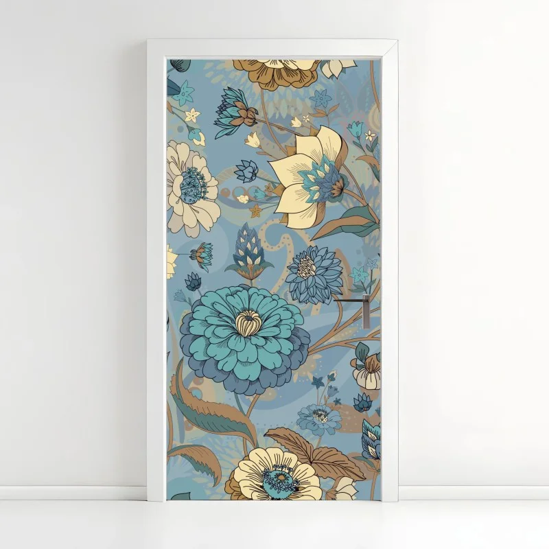Naklejka na drzwi wzór kwiatowy w stonowanych niebiesko-beżowych odcieniach