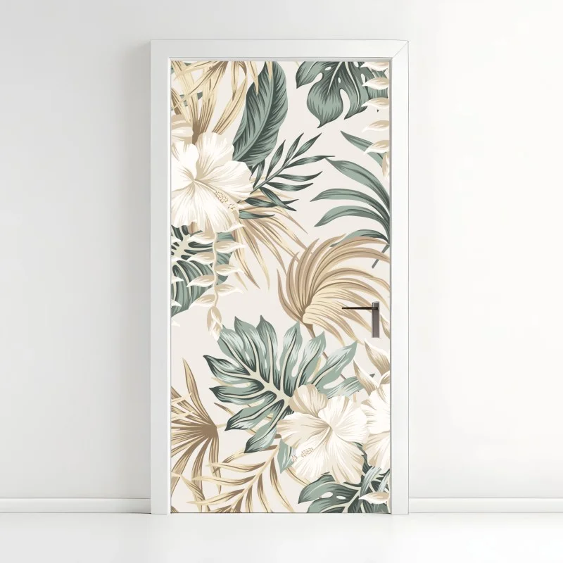 Naklejka na drzwi delikatny tropikalny motyw hibiskusa