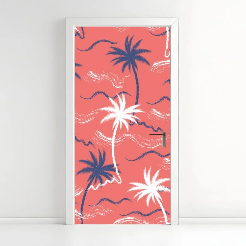 Naklejka na drzwi tropikalny wzór palm w kolorze koralowym i granatowym