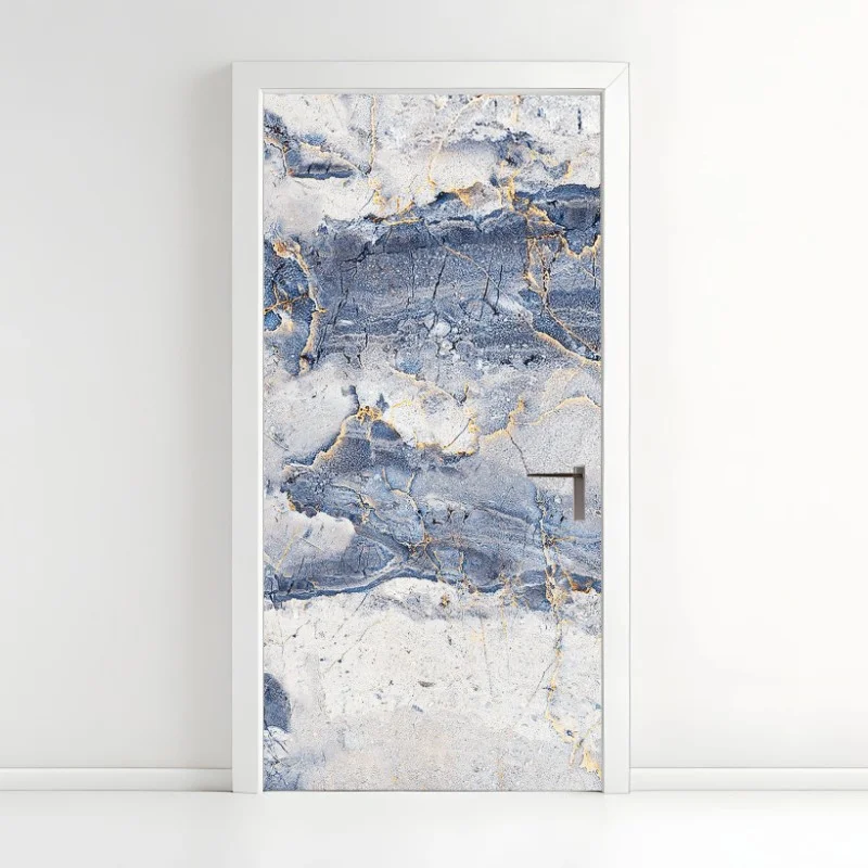 Naklejka na drzwi niebieski marmur ze złotymi żyłami