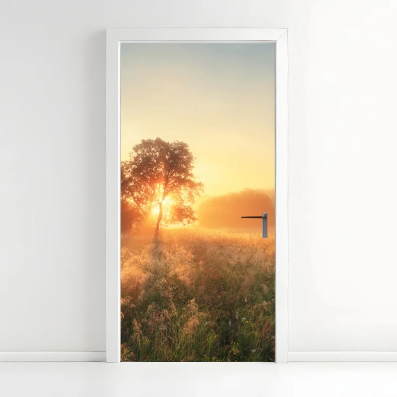 Naklejka na drzwi złoty wschód słońca nad mglistą łąką