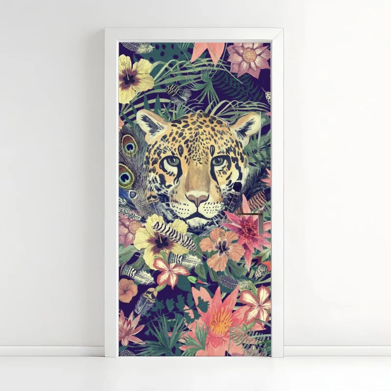 Naklejka na drzwi vintage akwarelowy lampart w tropikalnych liściach