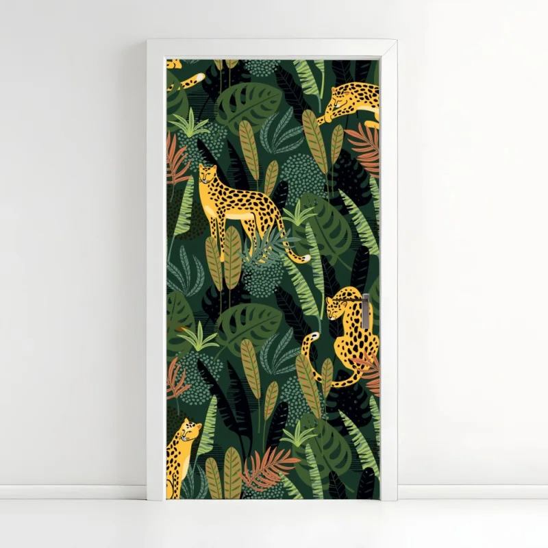 Naklejka na drzwi tropikalny wzór z lampartami