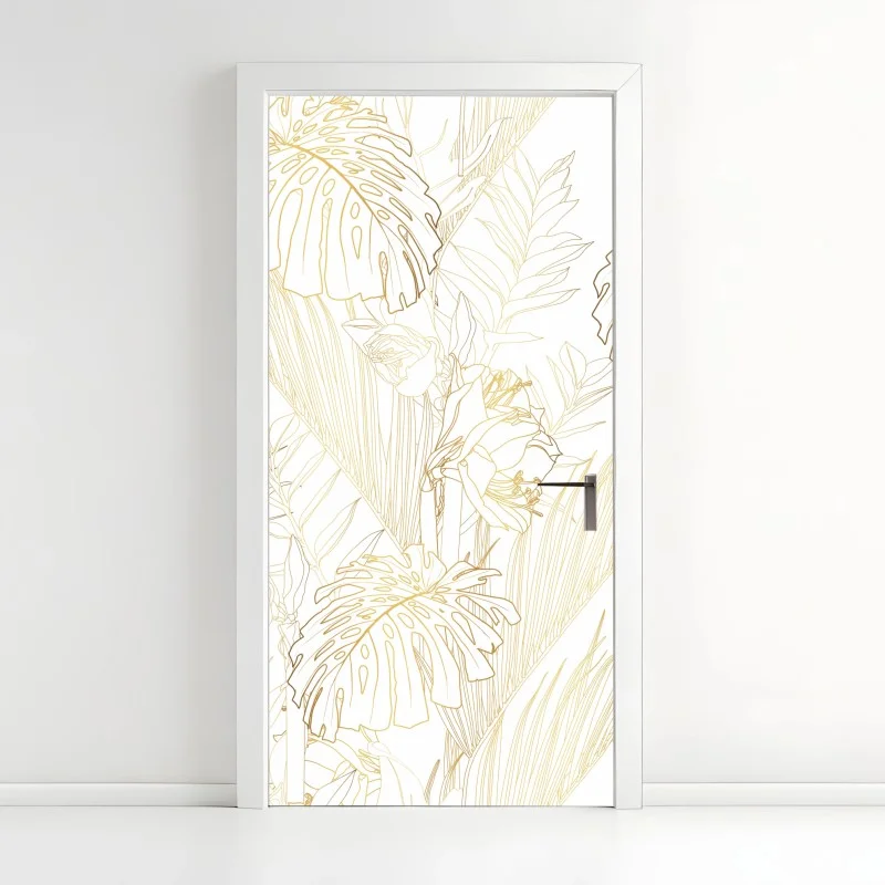 Naklejka na drzwi złote tropikalne liście