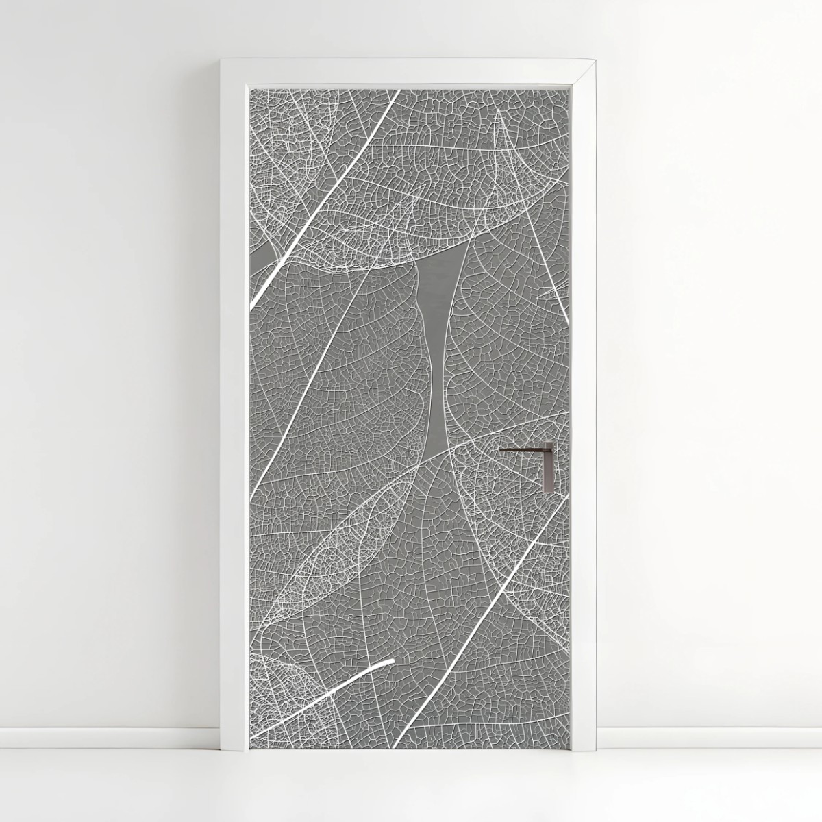 Naklejka na drzwi delikatny wzór liści w odcieniach szarości – Wallissimo®