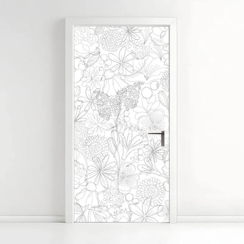 Naklejka na drzwi delikatny ręcznie rysowany kwiatowy wzór liniowy