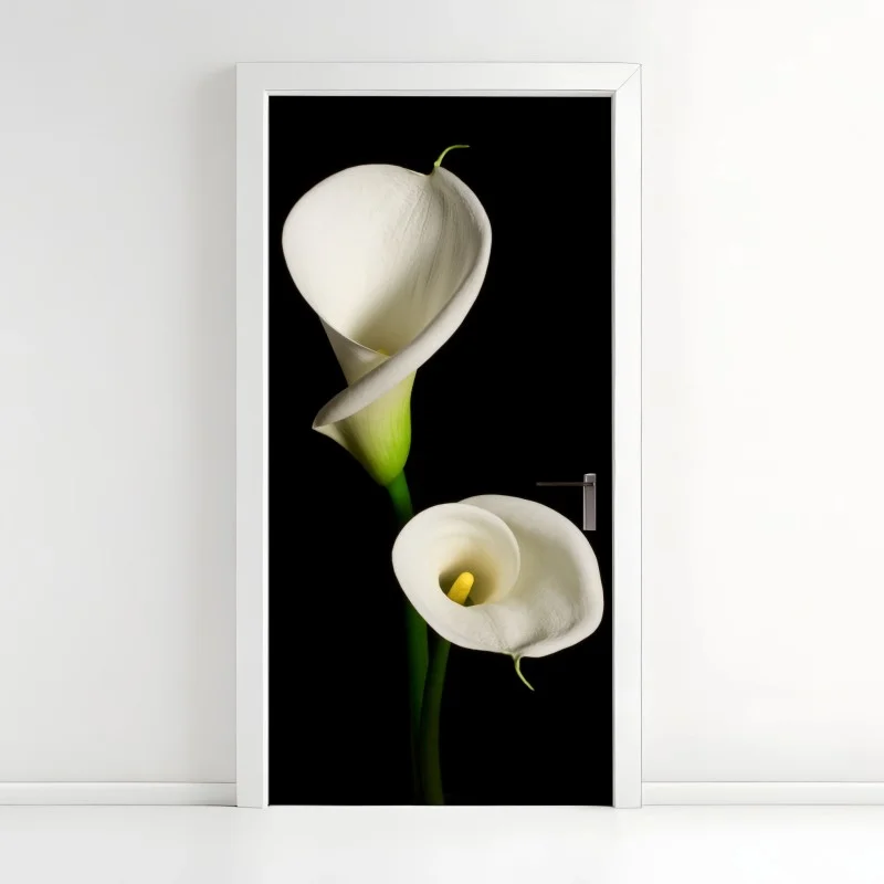 Naklejka na drzwi białe kalie na czarnym tle