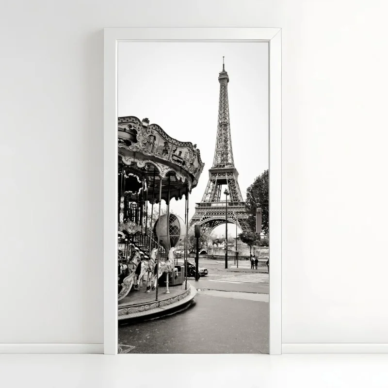 Naklejka na drzwi wieża Eiffla i karuzela w Paryżu