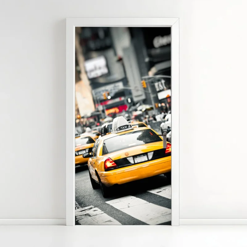 Naklejka na drzwi żółta taksówka na ulicach Nowego Jorku