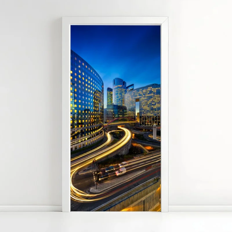 Naklejka na drzwi nowoczesna panorama miasta o zmierzchu