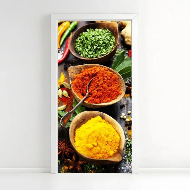 Naklejka na drzwi żywe przyprawy i zioła na drewnie