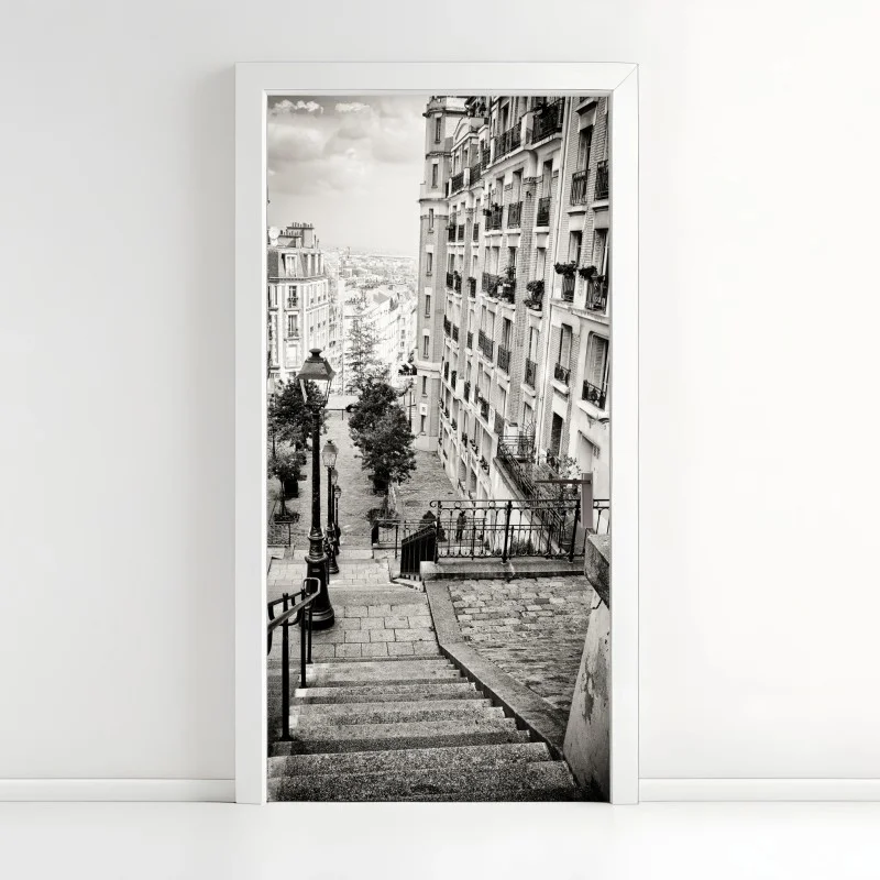 Naklejka na drzwi paryskie schody w monochromie