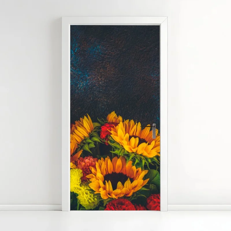 Naklejka na drzwi żywy bukiet słoneczników na ciemnym tle