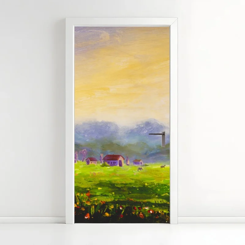 Naklejka na drzwi świt nad letnią łąką