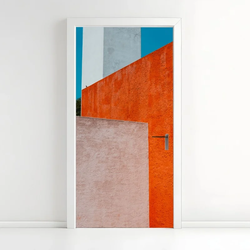 Naklejka na drzwi odważna geometryczna elewacja w pomarańczy i turkusie