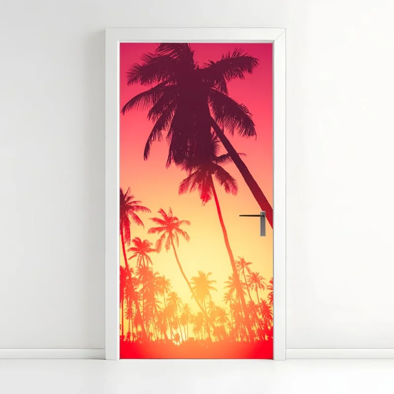 Naklejka na drzwi tropikalny zachód słońca z palmami