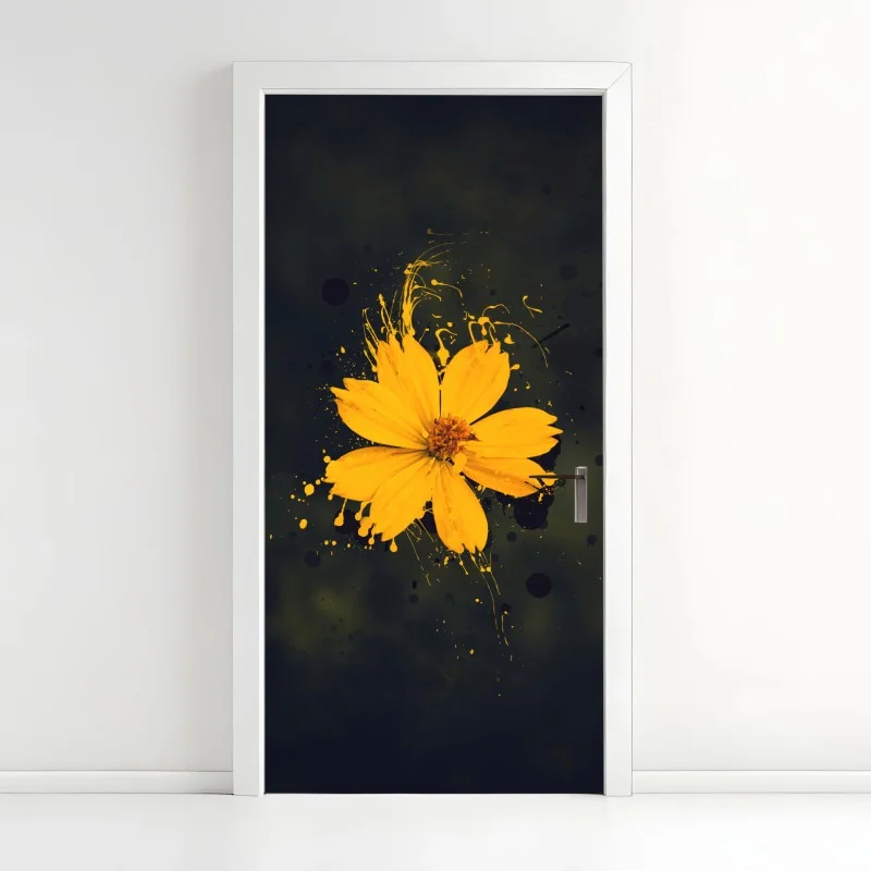 Naklejka na drzwi intensywny żółty kwiat na ciemnym tle