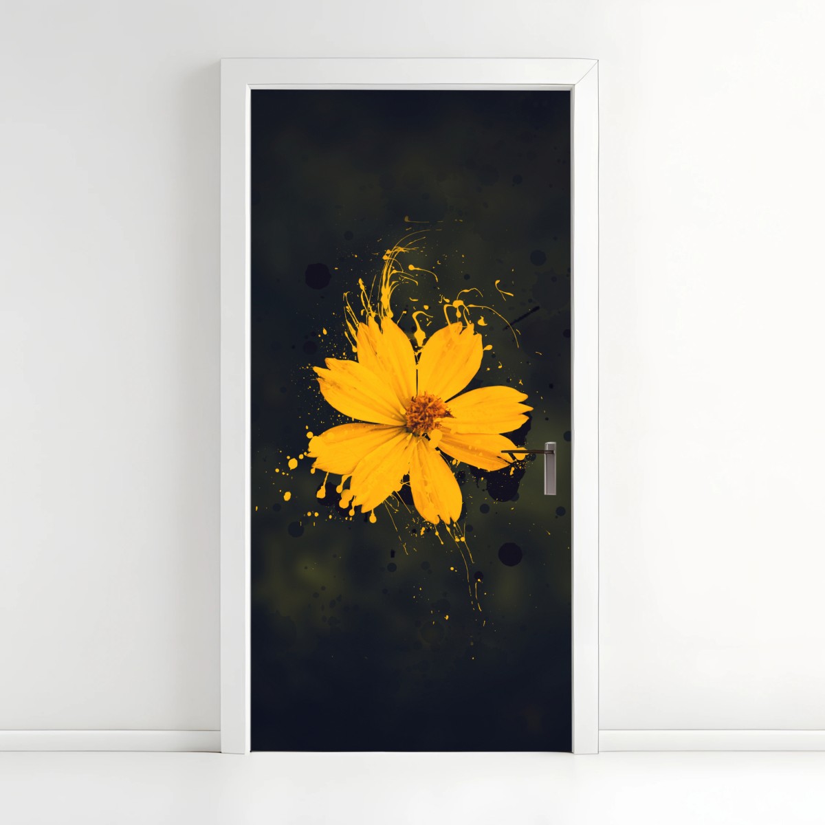 Naklejka na drzwi intensywny żółty kwiat na ciemnym tle – Wallissimo®