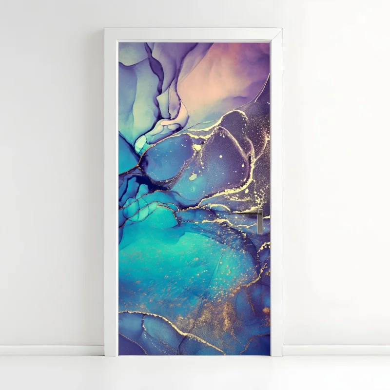 Naklejka na drzwi turkusowo-złota płynna marmurkowa abstrakcja