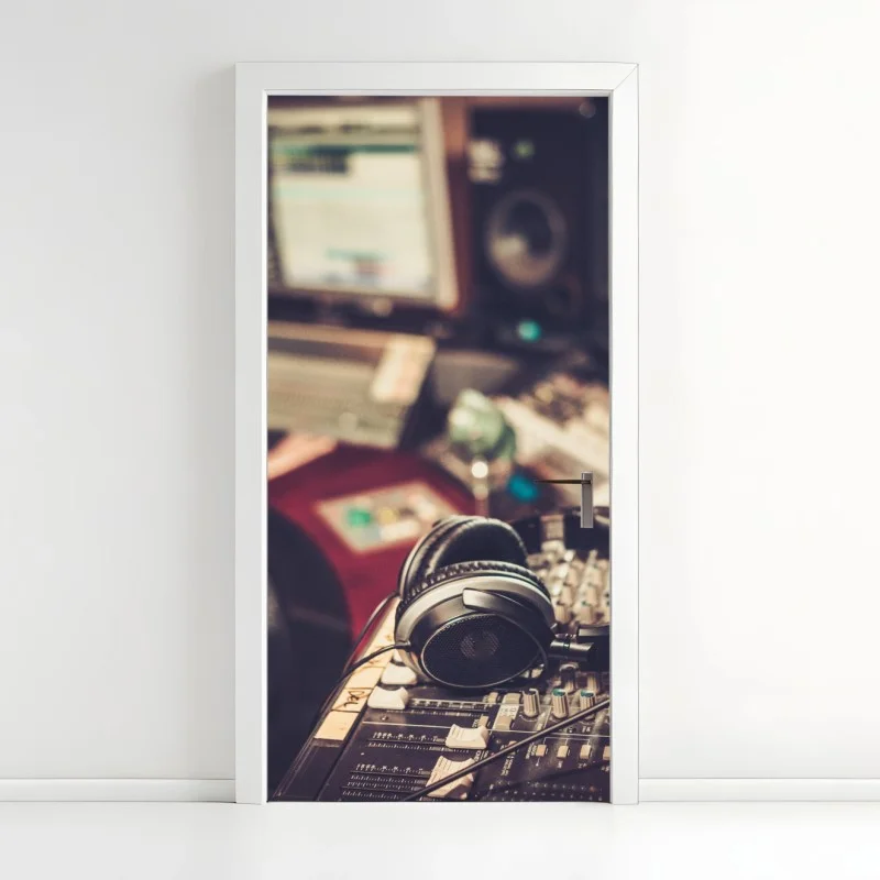 Naklejka na drzwi vintageowe studio nagraniowe przy konsoli mikserskiej