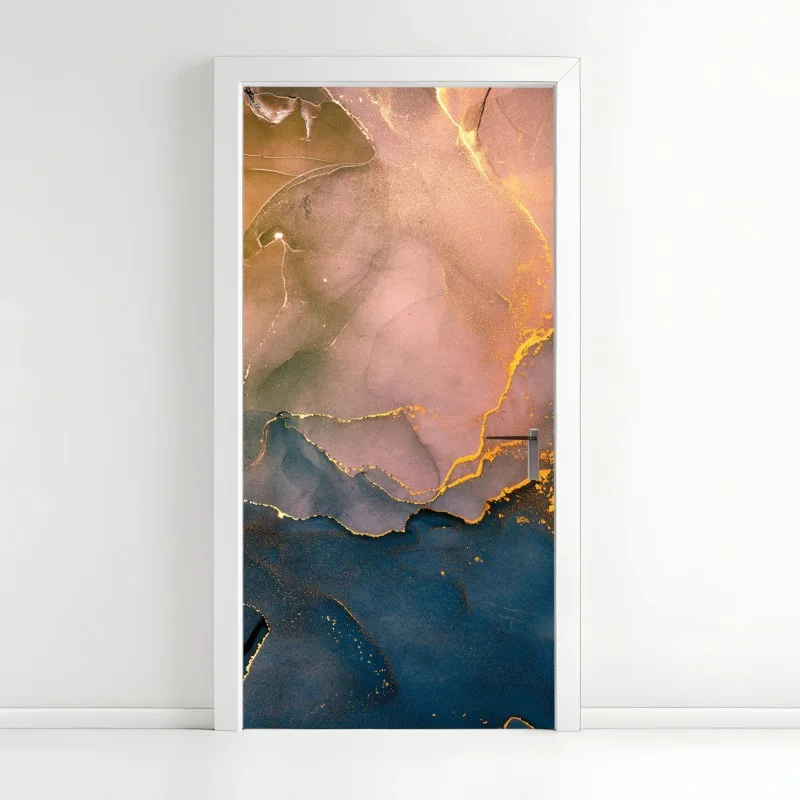 Naklejka na drzwi niebiesko-złoty abstrakcyjny marmur