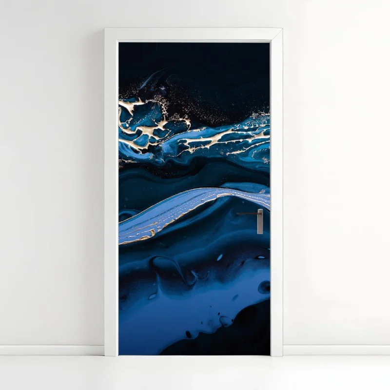 Naklejka na drzwi granatowo-złota abstrakcja w ruchu
