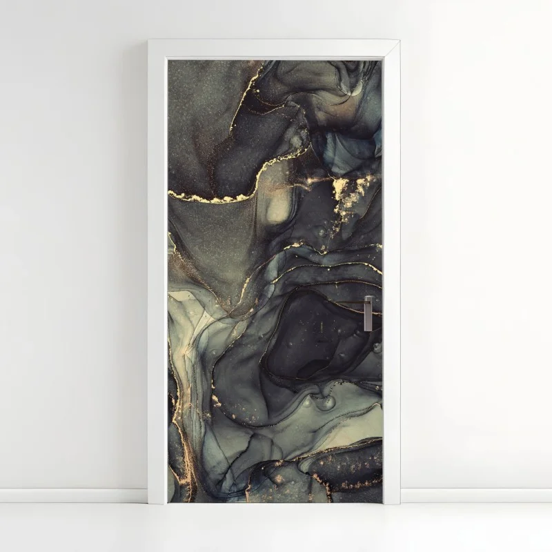 Naklejka na drzwi luksusowa abstrakcja alkoholowa ze złotymi żyłkami